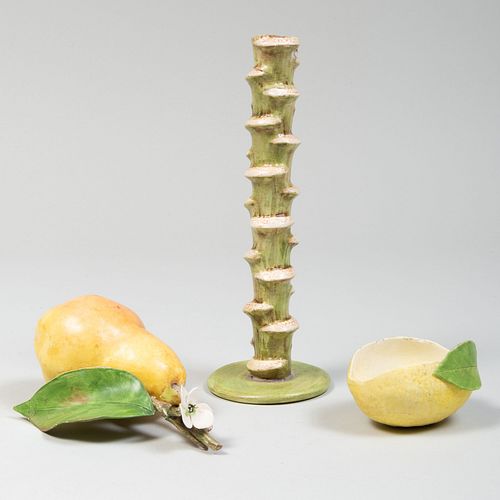 Two Mary Kirk Kelly Porcelain Models of Fruit and a Candlestick
