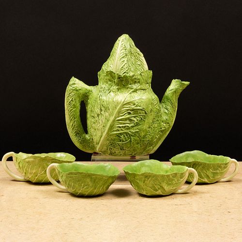 Mary Kirk Kelly Porcelain Lettuce Teapot and Four Cups