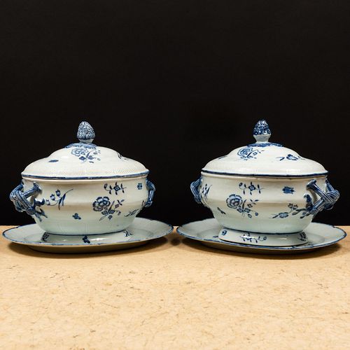 Pair of Chantilly Blue and White Porcelain Soup Tureens, Covers and Underplates