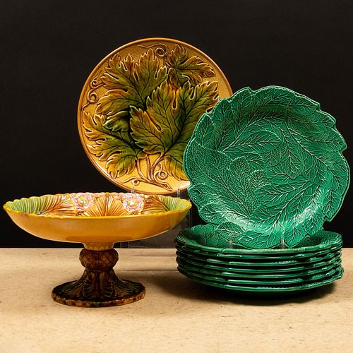 Set of Eight Brameld Green Majolica Leaf Plates