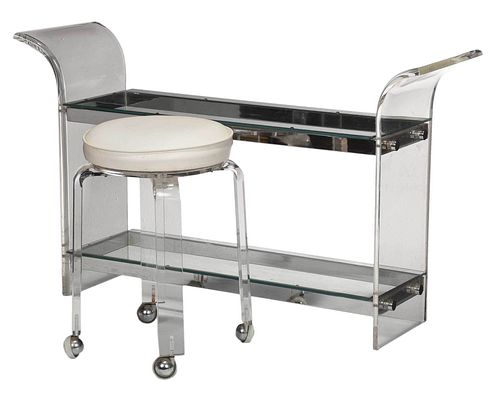 Modern Lucite, Chrome, and Leather Console and Stool