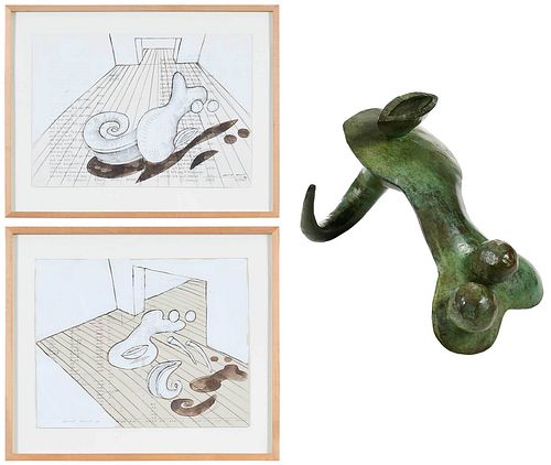 Three Edward Allington Works of Art, Bronze, Drawings