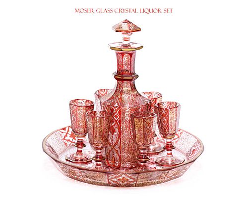 19th Century Moser Glass Crystal Liquor Set (8 Pieces)