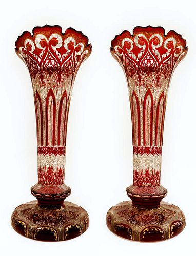 A Pair Of 19th C. Bohemian Cranberry Glass Vases
