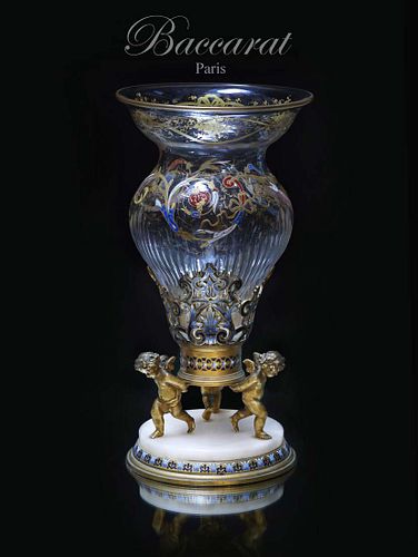 19th C. French Baccarat Crystal Figural Champleve enamel Bronze Centerpiece