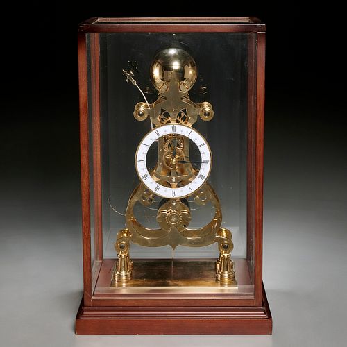 English brass striking skeleton clock in case