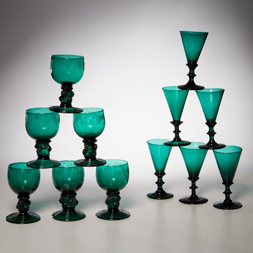 Georgian & Bohemian blue-green glass stemware