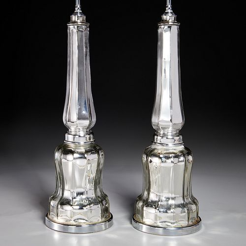 Pair European mercury glass column lamps