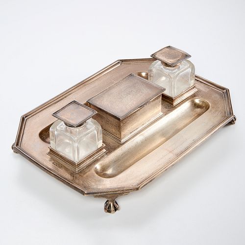 George V sterling silver double inkwell