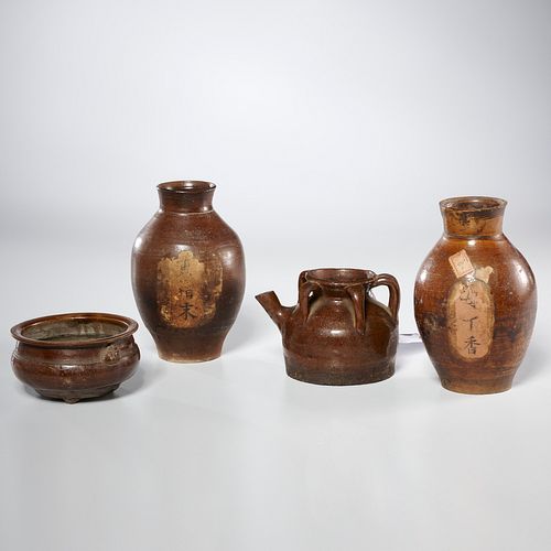(4) Antique Asian brown-glazed stoneware vessels