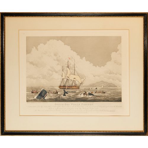 After Huggins, colored whaling engraving, 1825