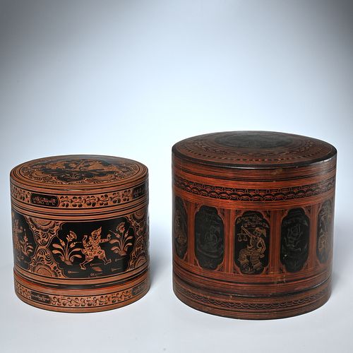 (2) Burmese lacquerware betel boxes