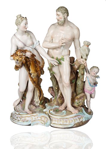 A MEISSEN PORCELAIN TWO-PIECE FIGURAL GROUP OF HERCULES AND OMPHALE, LATE 19TH-EARLY 20TH CENTURY