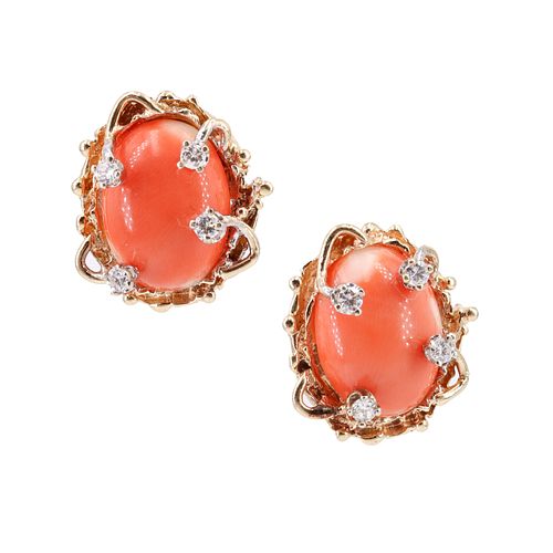 Coral & Diamonds 14k Gold Earrings
