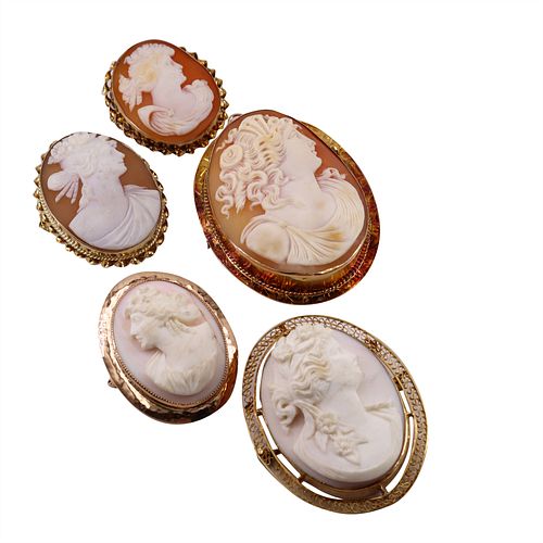 5 antique Cameos in 14k gold
