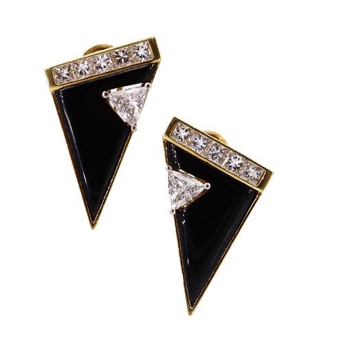Signed 18k gold Earrings with Diamonds & Onyx