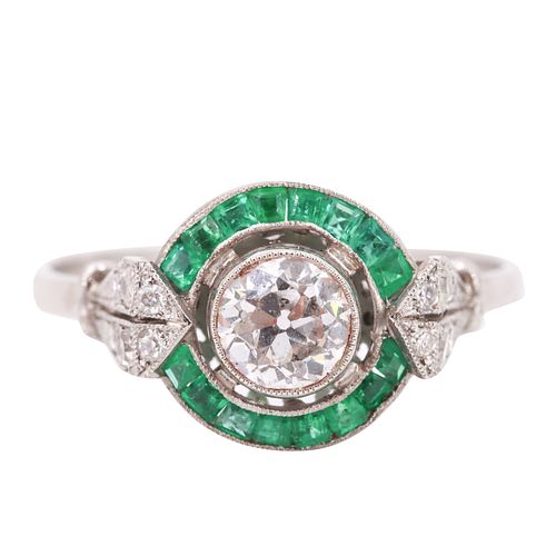 Art Deco Platinum Target Ring with Diamonds and Emeralds