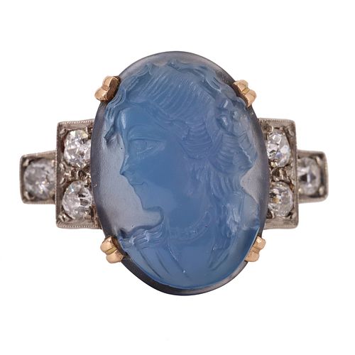 Carved Chalcedony & Diamonds Antique Platinum and 18k Gold Ring