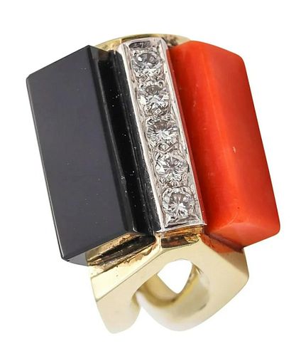 La Triomphe Ring In 18 Kt Gold With Diamonds Coral & Onyx