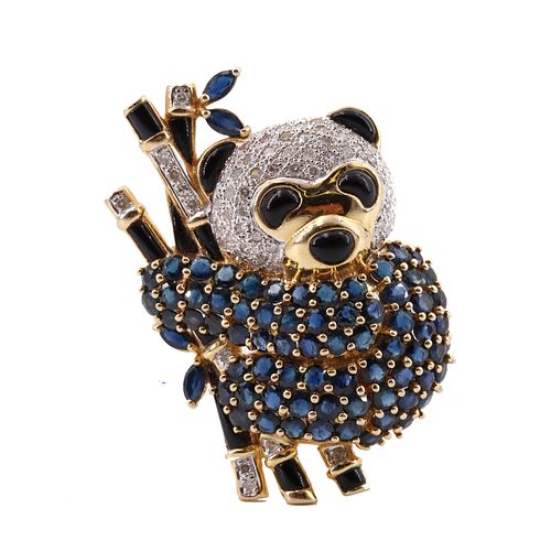 Diamonds, Sapphires & Onyx 14k Gold Panda Brooch