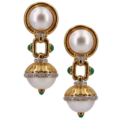 Mabe Pearl, Diamonds & emeralds Drop 18k Gold Earrings