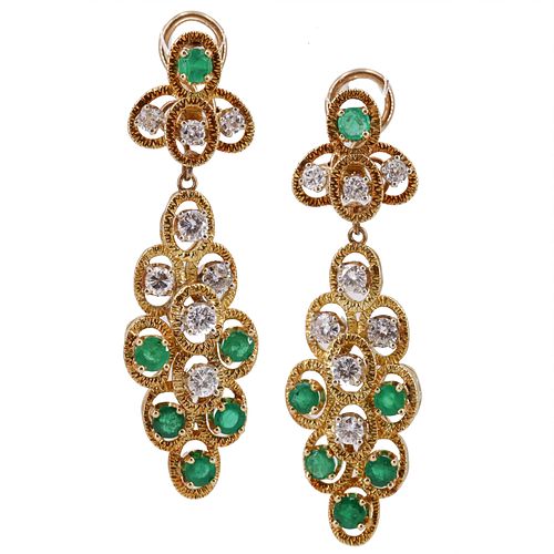 4.16 Ctw in Diamonds & Emeralds 18k Gold Chandelier Earrings
