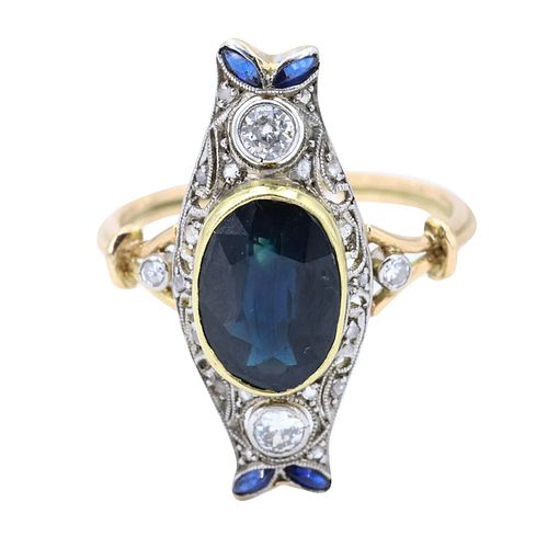 Art Deco Platinum, 18k gold Ring with Sapphire & Diamonds