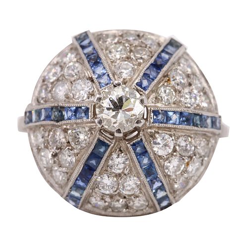 Art Deco style Platinum Ring with Diamonds & Sapphires