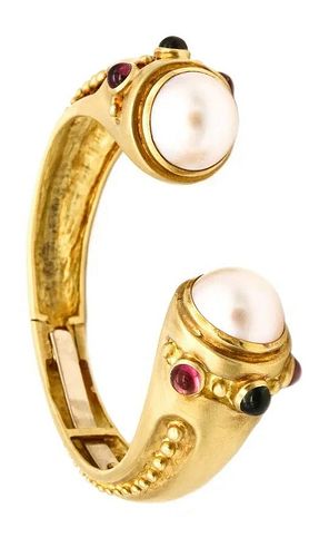 Marlene Stowe cuff bracelet in 18k Gold with Mabe pearls & tourmalines