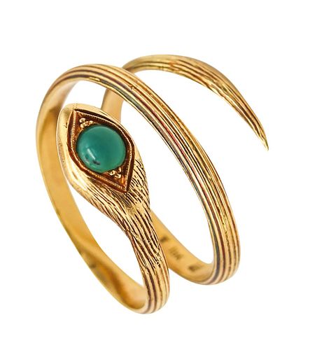 French Art Nouveau 1915 Snake Ring In 18Kt Yellow Gold With Round Chrysoprase