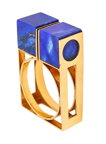 Octavio Sarda Palau 1970 Barcelona Geometric Cocktail Ring In 18Kt Gold With Lapis Lazuli