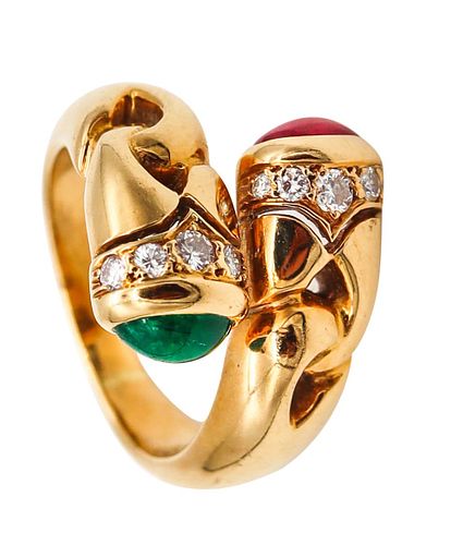 Bvlgari Roma Doppio Bypass Ring In 18Kt Gold With 1.79 Ctw Diamonds Emerald & Ruby