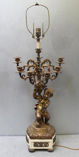 Antique Bronze Cherub Candelabra Lamp.
