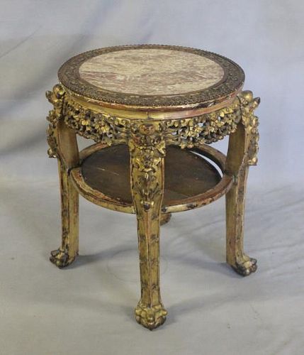 Antique Carved and Painted Chinese Hardwood Marble