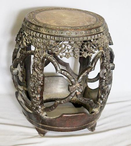 Carved Asian Hardwood Barrell Form Marble Top