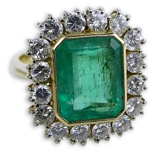 AIG Certified 5.09 Carat Rectangular Step Cut Emerald, 1.76 Carat Round Brilliant Cut Diamond and 18 Karat Yellow Gold Ring