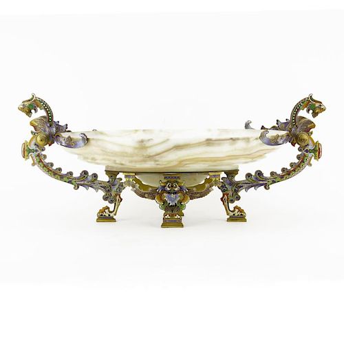 Vintage French Onyx and Champleve Centerpiece Bowl.