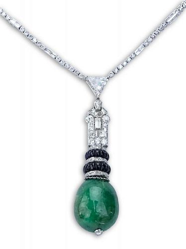 Fine Quality Art Deco Design Approx. 50.0 Carat Tear Drop Cabochon Emerald, 11.0 Carat Diamond and Platinum Pendant Necklace