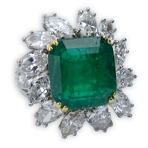 Vintage Approx. 9.72 Carat Colombian Emerald, 5.0 Carat Diamond and 18 Karat White Gold Ring