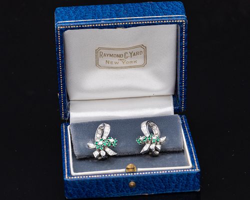 Pair of Yard Platinum, Diamond and Emerald Earrings