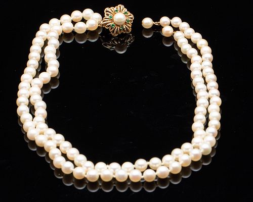 Pearl Necklace with 14K and Emerald Clasp