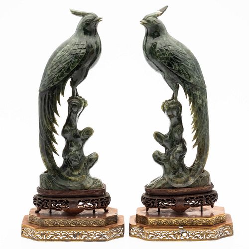 Pair of Chinese Green Jade Birds