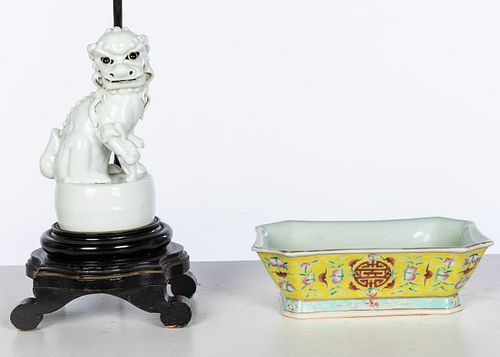 Yellow Porcelain Bowl & White Fu Dog Porcelain Lamp