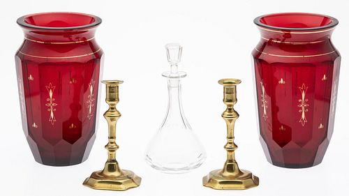 2 Red Glass Vases, Brass Candlesticks & Decanter