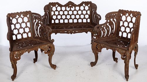 Cast Iron Garden Bench and 2 Armchairs