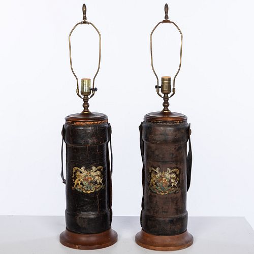 Two British Leather Powder Kegs, Now Lamps, 19th C