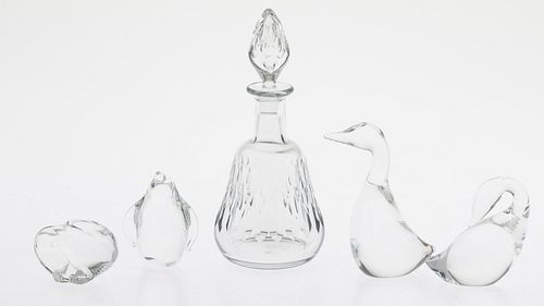 4 Steuben Animals and a Baccarat Decanter