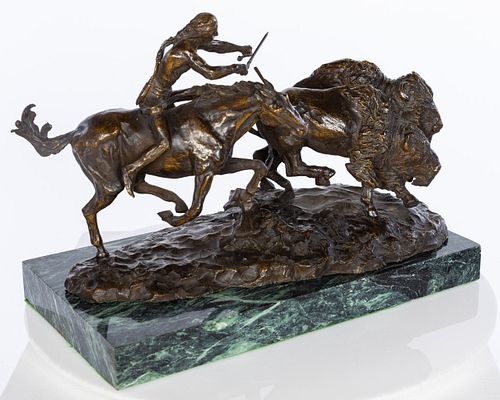After C. M. Russell, Indian Buffalo Hunt, Bronze