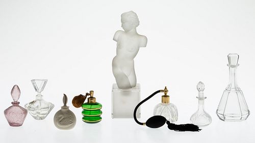 7 Perfume Bottles & Frosted Glass Figure of a Woman