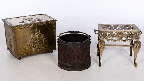 Brass Trivet, Kindling Box and Carved Wood Bucket